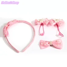 2 Sets 4in1 Cute Kids Headdress Flowers Pearls Bowknots Hair Hoop BB Clips Hair Ropes Girls Hair Accessories Styling Tools