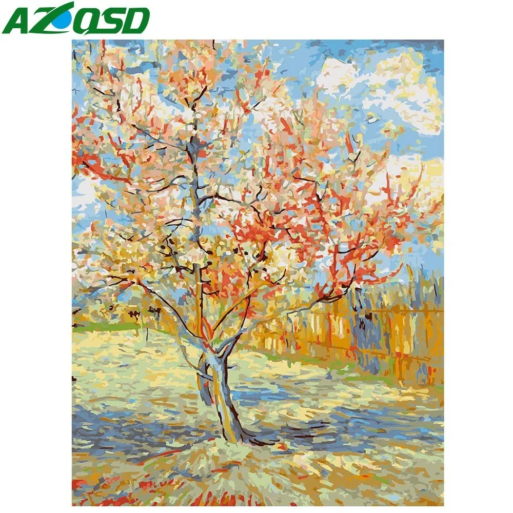 

AZQSD Painting By Numbers Peach Blossom DIY Modern Oil Painting Tree Hand Paint Canvas Picture Home Decoration Flower Wall Art