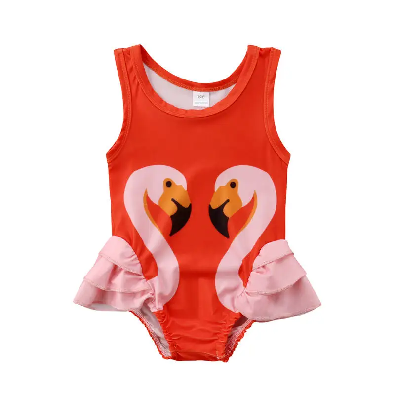 Baby Girl Kids Pink Orange Swimming suit Jumpsuit Badysuit Swan Pattern