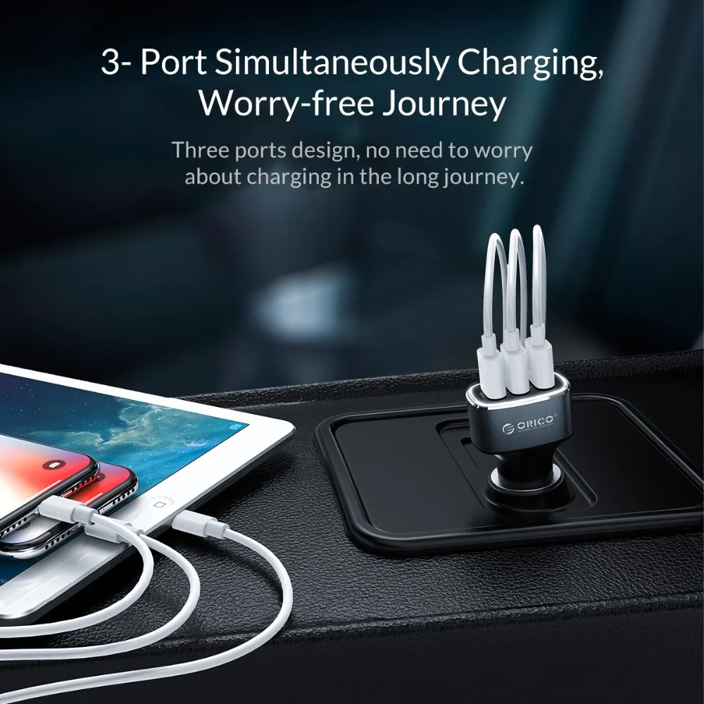 ORICO 38 W ثلاثة USB منافذ سريعة تهمة QC 3.0 سيارة شاحن آيفون 8 زائد سامسونج s8 شاحن الهاتف المحمول سريعة سيارة-شاحن