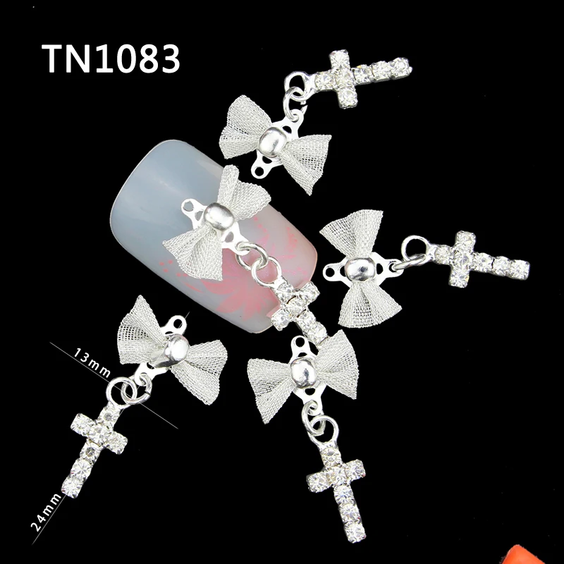 

10 Pcs Glitter 3D Bow With Cross Pendants Rhinestones For Nail Art Decorations Gel Polish DIY Alloy Charm Nails Tools TN1083