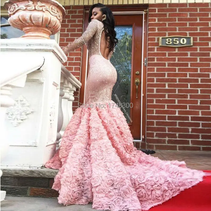 Robe-de-Soiree-African-Luxury-Mermaid-Pink-Prom-Dresses-2017-Sexy-Sheer-Lace-Crystal-Ruffled-Long (3)