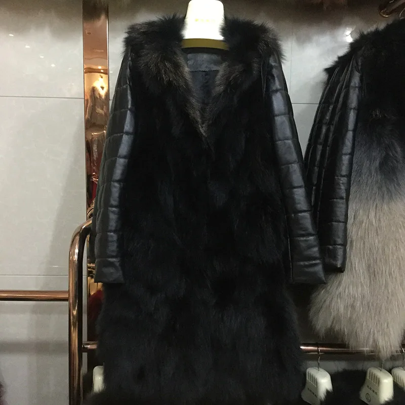 Женская шуба из натурального Лисьего меха со съемными рукавами, пальто из натуральной кожи gl0002 - Цвет: Черный