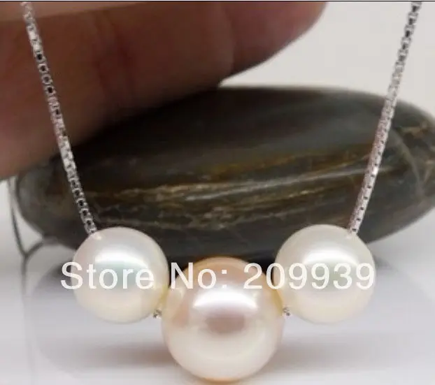 

huij 003172 PERFECT ROUND 12-15MM NATURAL SOUTH SEA 3 WHITE PEARL NECKLACE PENDANT