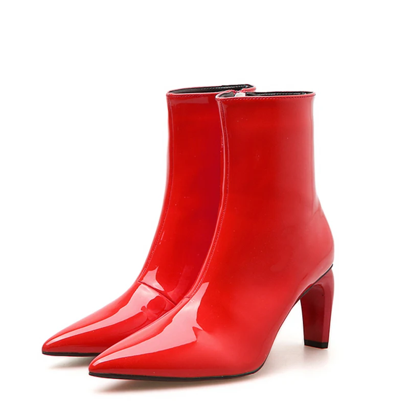 

Red Patent Leather Ladies Boots Fashion Pointed Toe med Heel Black Boots Fall Women Ankle Boots Vogue Ladies Evening Party Shoes