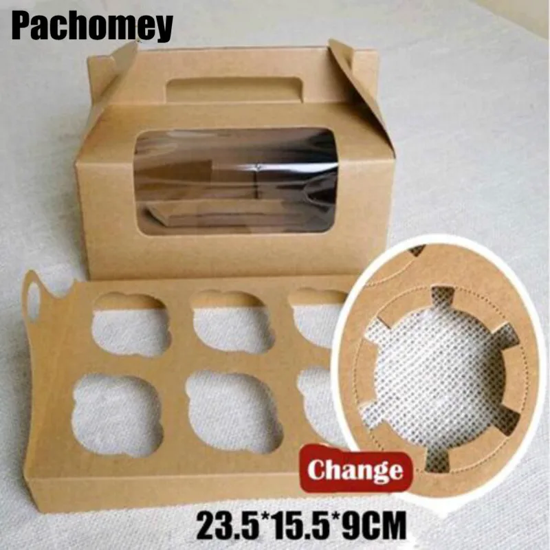 

23.5*15.5*9cm Handmade 6 Cupcake Candy Kraft Paper Boxes with Window 20pcs/lot Kraft Brown Gift Packaging Boxes PP712