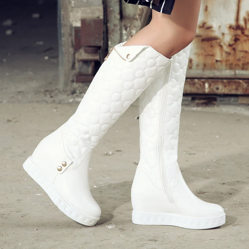 Summer Full Grain Leather Height Increasing Thigh High Shoes Short Plush Round Toe Zip Casual Lady