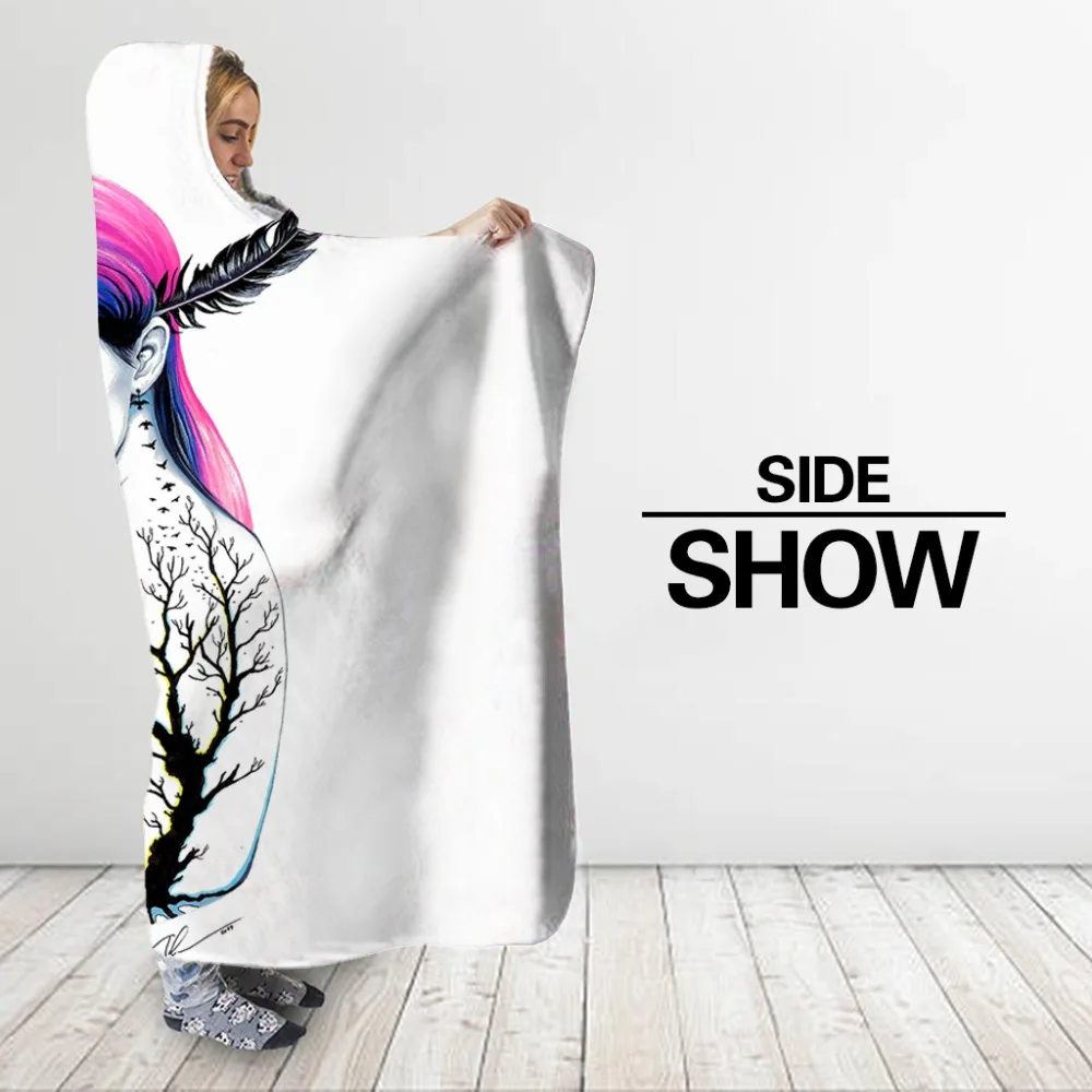 Модные теплое покрывало одеяло с капюшоном 3D принт животных плюшевые флис Boho Белый носимых микрофибры повседневное постельные принадлежности мягкие офисные