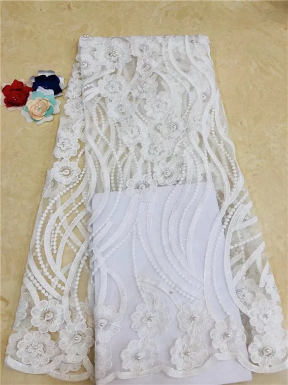 

2019 Latest French Nigerian beads Laces Fabrics High Quality Tulle African Laces Fabrics Wedding African French Tulle Lace white