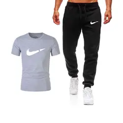 2018 спортивный костюм для мужчин комплект из двух предметов футболка + брюки комплекты из двух предметов Повседневный Спортивный костюм