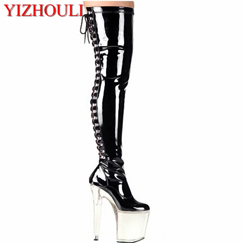 

8 inches of sexy female gladiators knee-high boots, 20 centimeters high heel boots, high strip club platform boots, black, white