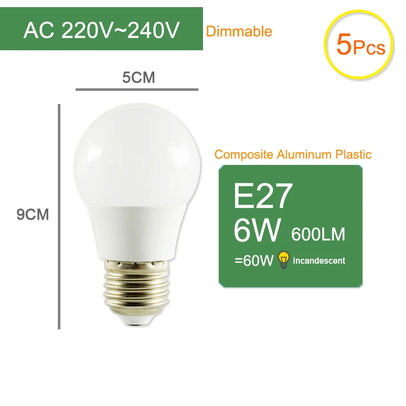 Kaguyahime 1 шт./5 шт. затемнения E27 Светодиодный светильник 220 В 6 Вт 18 Вт светодиодный E27 лампа E14 высокий яркий светодиодный свет для настольной лампы теплый белый - Испускаемый цвет: E27 6W 5pcs