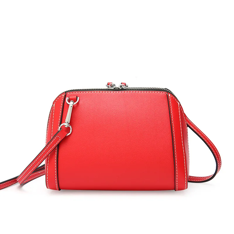 Women's Korean fashion leather double zipper shoulder bag Cross section square leather shell zipper Messenger bag