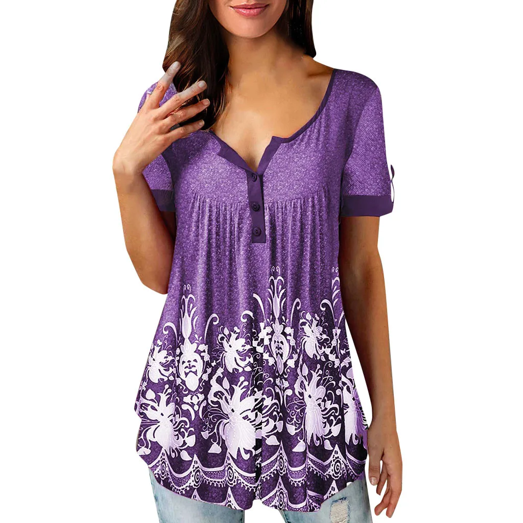 

FREE OSTRICH Women Shirts Button Flower Short Sleeve Purple Loose V-collar Trend Elegant Noble Simple Summer Blouse Shirts