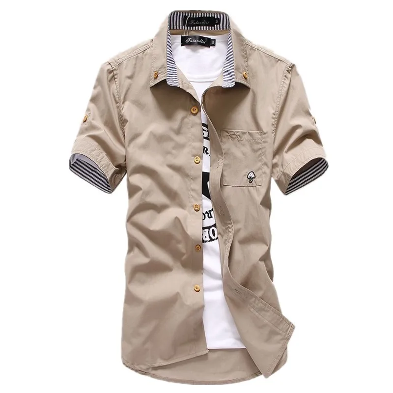 Casual Short Sleeved Shirt Men's Casual Short Sleeve Shirts Dress Shirt Small Mushroom Embroidery Stripe Bordered