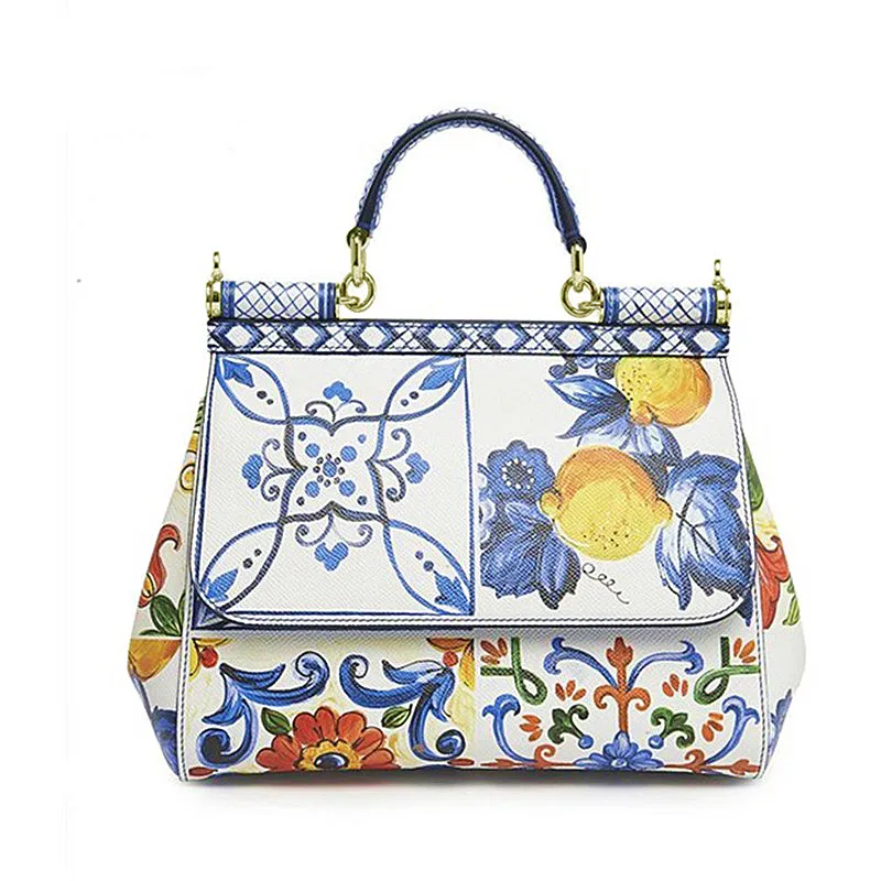 

Luxury Flower Print Tote Handbags Genuine Leather Women Shoulder Bags