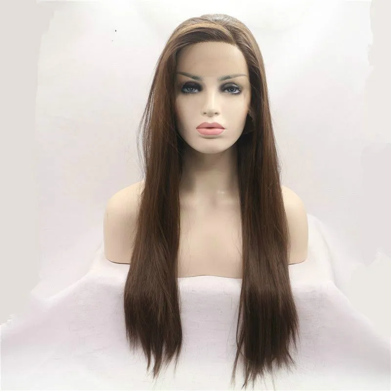 Reta de Seda Dianteira do Laço Resistente ao Calor Fibra do Cabelo Lateral para as para as Mulheres Sylvia Longa Perucas Brown Peruca Sintético Parte Mulheres 2 Sylvia longa seda reta perucas marrom peruca