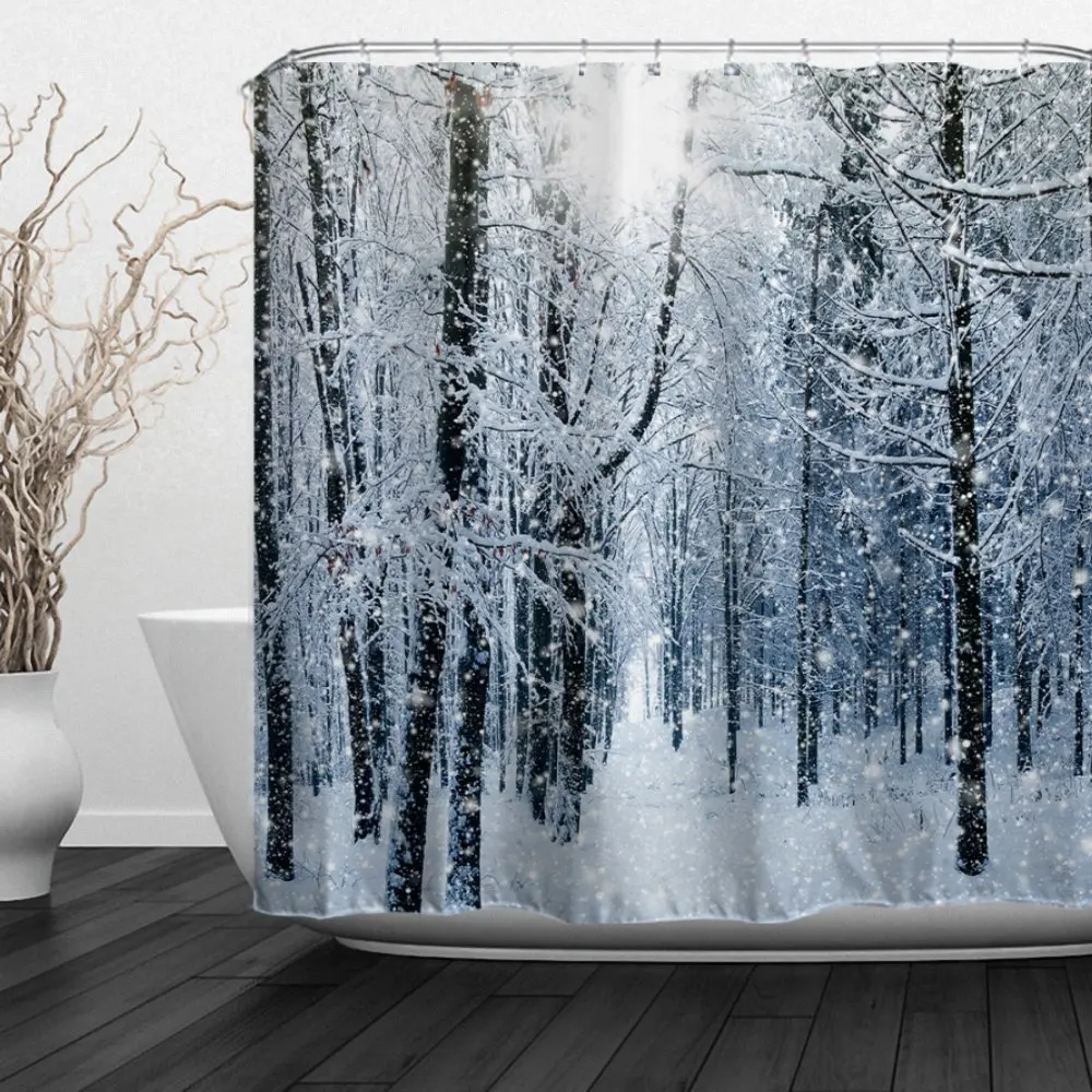 

Winter Forest Decor Shower Curtains Winter Snow on Trees Winter Scene Fabric Bathroom Curtains Jungle in Snow