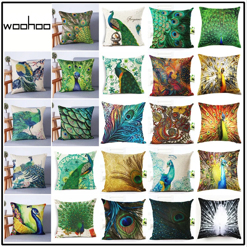 Home Decor Pillowcase Classical Peacock Cushion Cover Linen Car Sofa Decorative