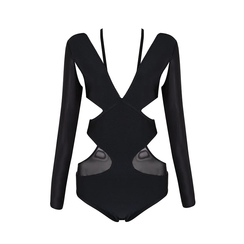 Elegant 2017 high fashion sexy women black v neck long sleeve bandage