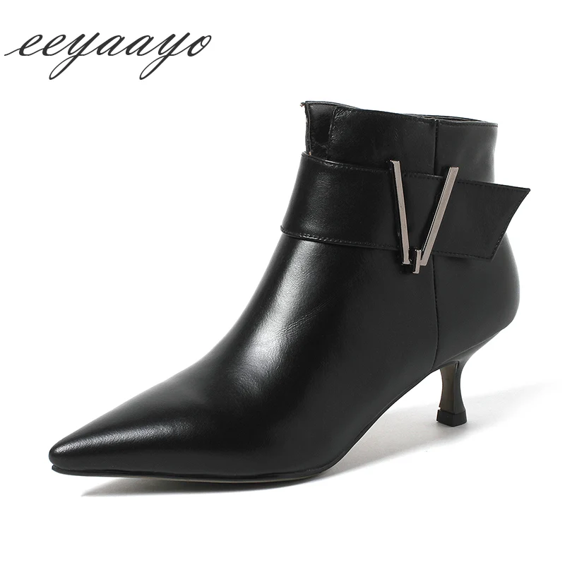 

2018 Genuine Leather Women Ankle Boots Kitten Heels Pointed Toe Metal Decoration Sexy Ladies Women Shoes Black Cow Leather Boots