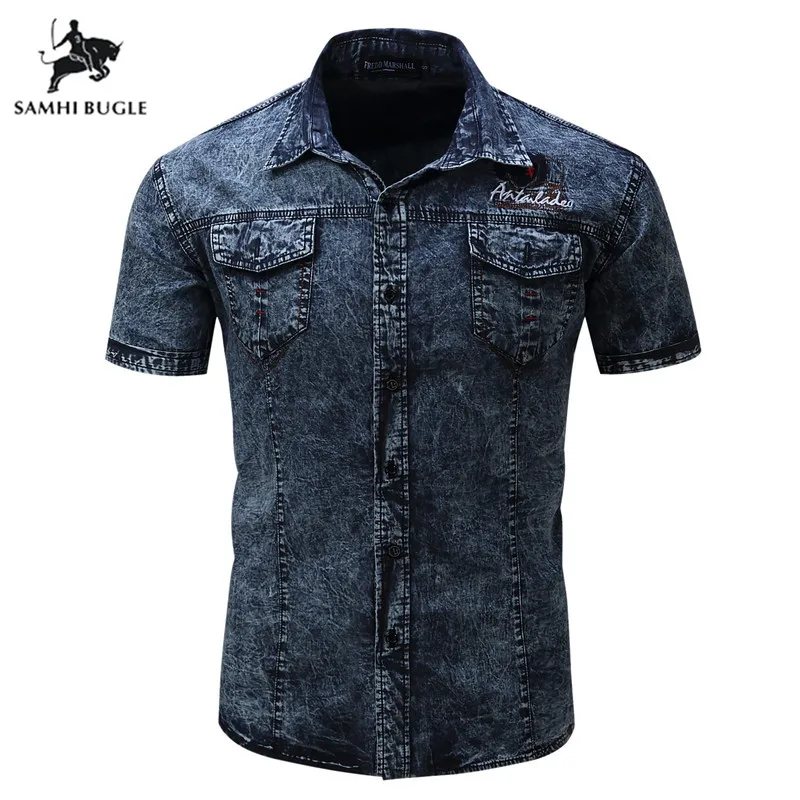 

Brand New Shirt Men Short Sleeve Denim Shirt Mens Casual Dress Male Jean Shirts High Quality Street wearing mens dress shirts