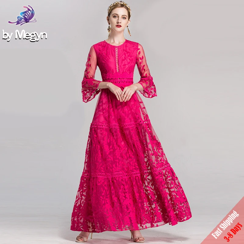Hoge Kwaliteit Fall Winter Runway Designer Maxi Jurken vrouwen Rose Red Solid Geborduurde Kant Luxe Party Lange Jurk 2019 Hoge Kwaliteit Fall Winter Runway Designer Maxi Jurken vrouwen Rose Red Solid Geborduurde Kant Luxe Party Lange Jurk 2019