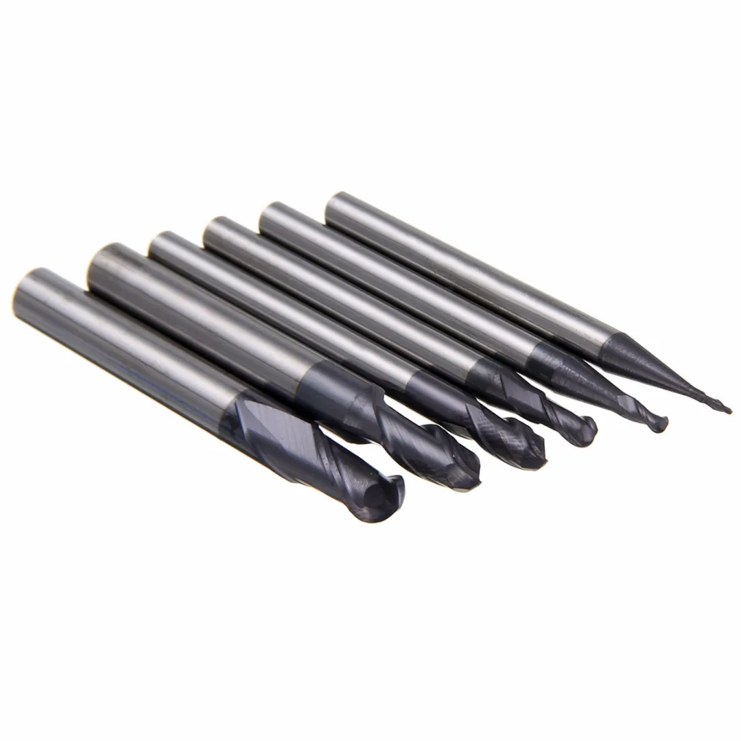 6pcs Ball Nose 2 Flute End Mill Set Solid Carbide CNC Milling Cutting Bit Nitrogen Coated R0.5/1.0/1.5/2.0/2.5/3.0mm