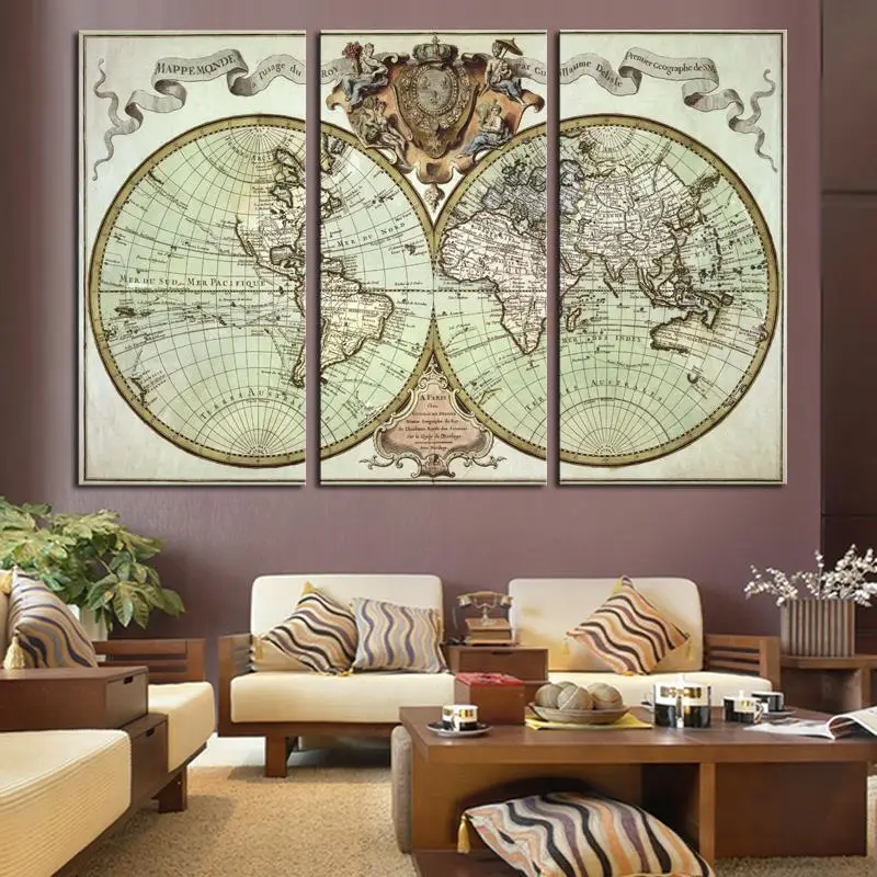 

Painting By Numbers 3 Panels Antique Maps Hd Canvas Print Painting On Prints Artwork Modern Home Wall Decor Picture Unframed