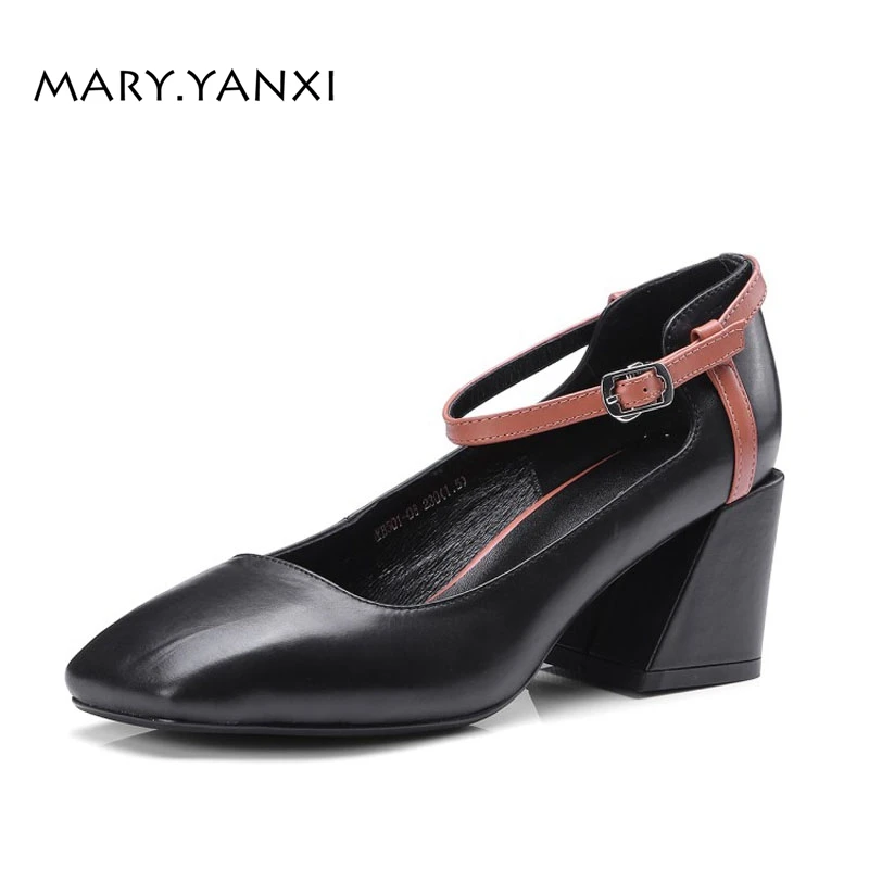 

Women Shoes Pumps Genuine Leather Mary Janes Buckle Strap Solid Casual Fashion High Heels Square Toe Shallow Plus Size Non-slip