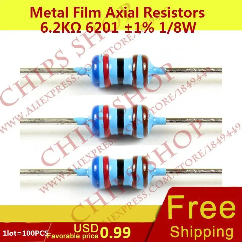 1LOT=100PCS Metal Film Axial Resistors 6.2Kohm 6201 1 1/8W 6200ohm 0