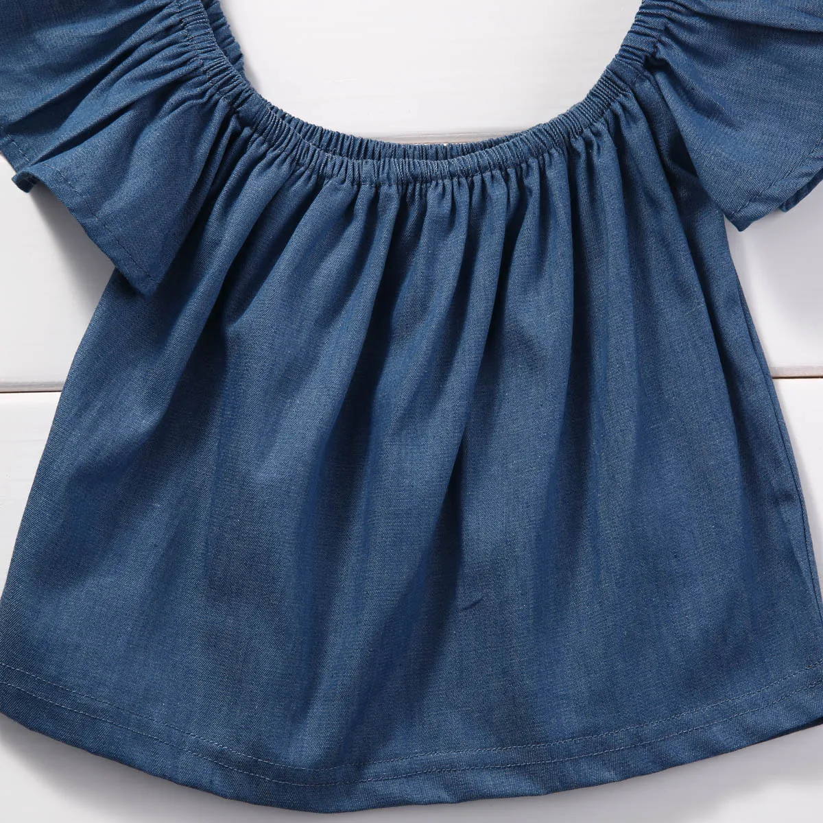 Pudcoco/джинсовая Блуза с открытыми плечами для маленьких девочек синяя хлопковая Футболка для малышей туника для девочек, топ, Детская летняя одежда