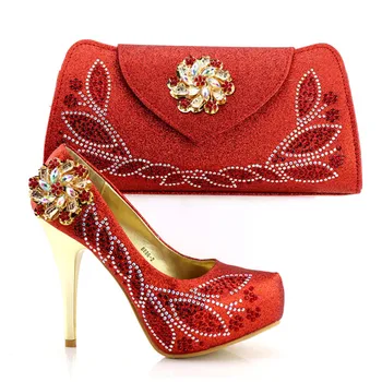 

Gorgeous Handbag Matching Shoes Set With Colorful Crystal African Women Shoes And Red Color Bag For Dress V8886-2