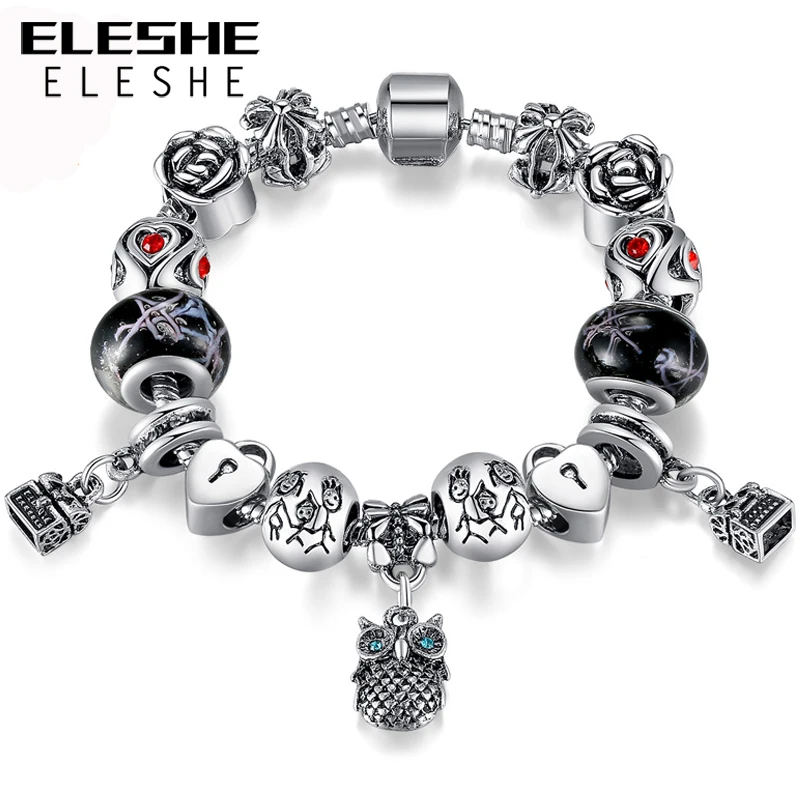 ELESHE Fashion Jewelry Enamel Silver Owl Charm Bracelet European Murano Glass Bead Crystal Heart Charm Bracelet Bangle for Women