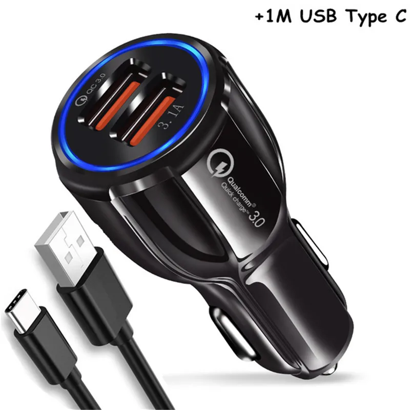 3.1A USB Автомобильное зарядное устройство Быстрая зарядка QC 3,0 2 порта двойной USB кабель для быстрой зарядки для samsung Galaxy A10 M10 A30 A40 A50 A60 A70 M30 - Тип штекера: Type C Black