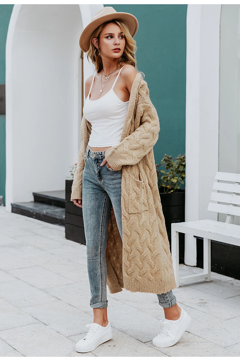 Khaki Knitted Long Cardigan Sweater