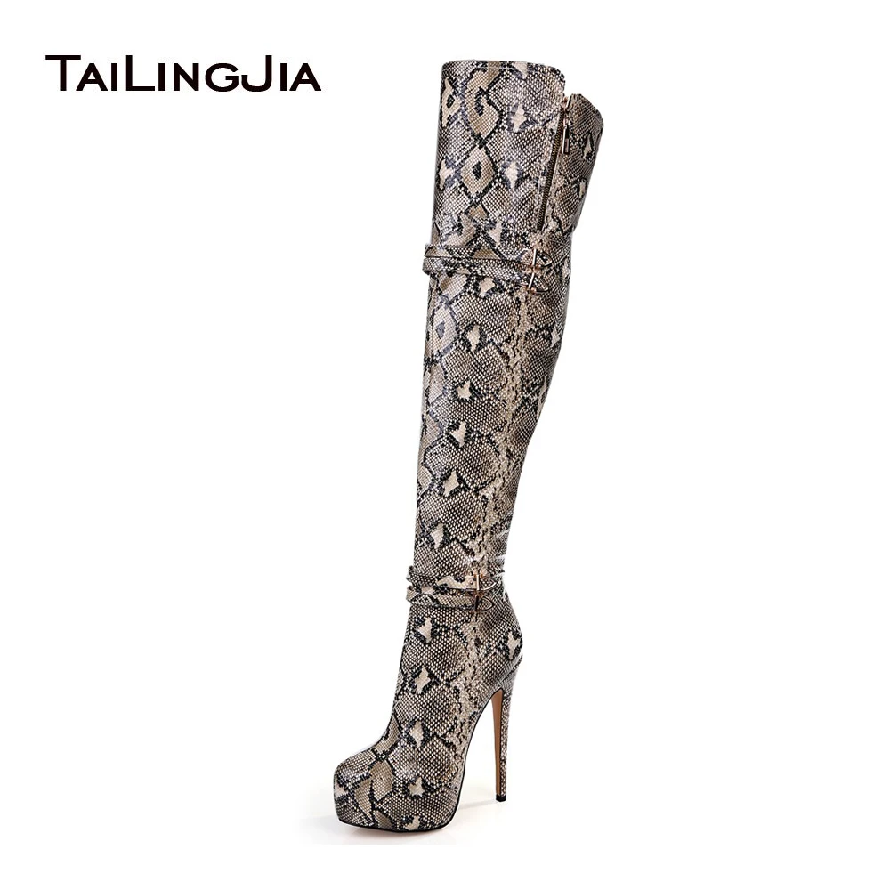 snakeskin high heel boots