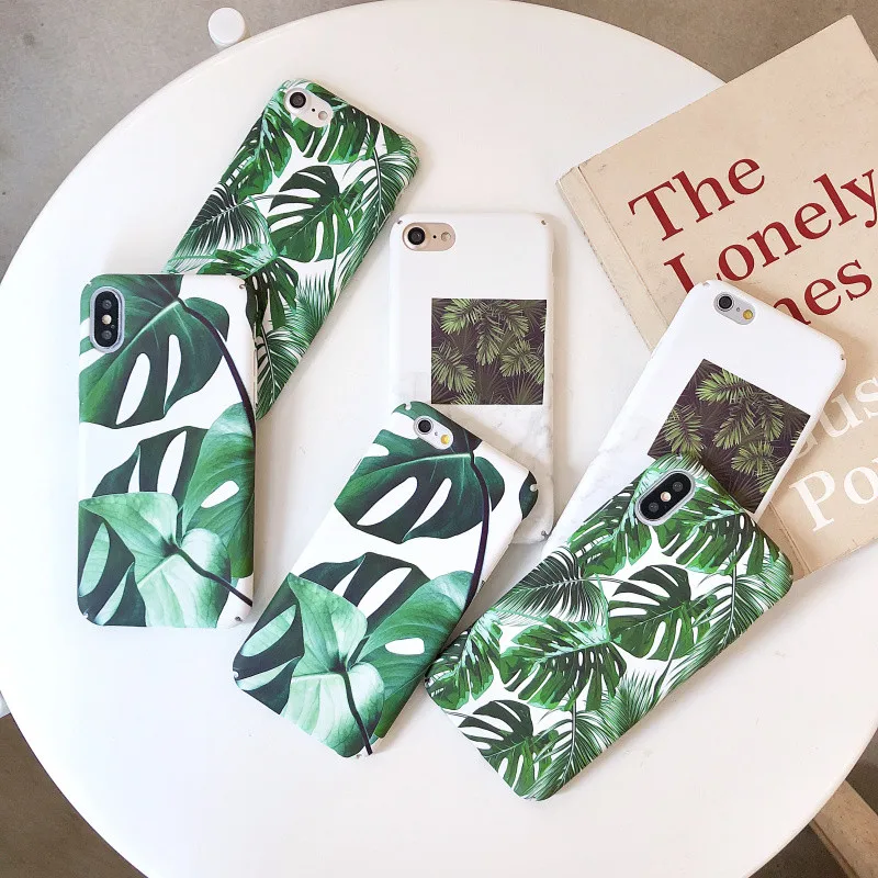 

Fashion Tropical Green Leaf Cases For iphone 7 Plastic PC Clear Summer Leaves print For iphone 7 6 6S 8 Plus X Back Cover Fundas