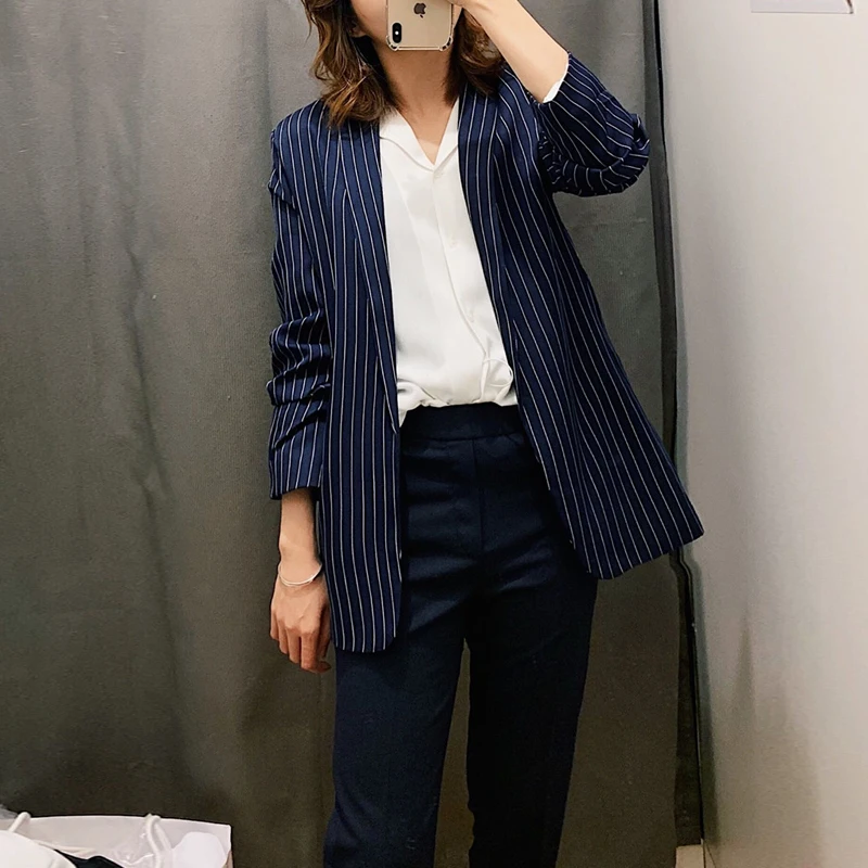 Women Chic Striped Jacket Blazer Side Pockets Pleat Long Sleeve Open Stitch Coat Female Work Office Lady Casual Tops Outwear