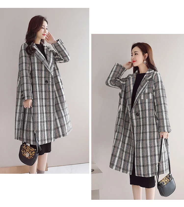Abrigos mujer invierno зимнее пальто женское пальто свободные длинные шерстяные пальто женское теплое клетчатое шерстяное пальто в клетку