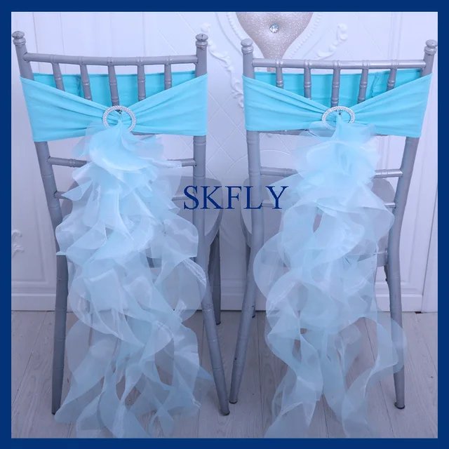CH098V custom made 1 piece amazing nice color light blue spandex band and curly willow organza chair sashes