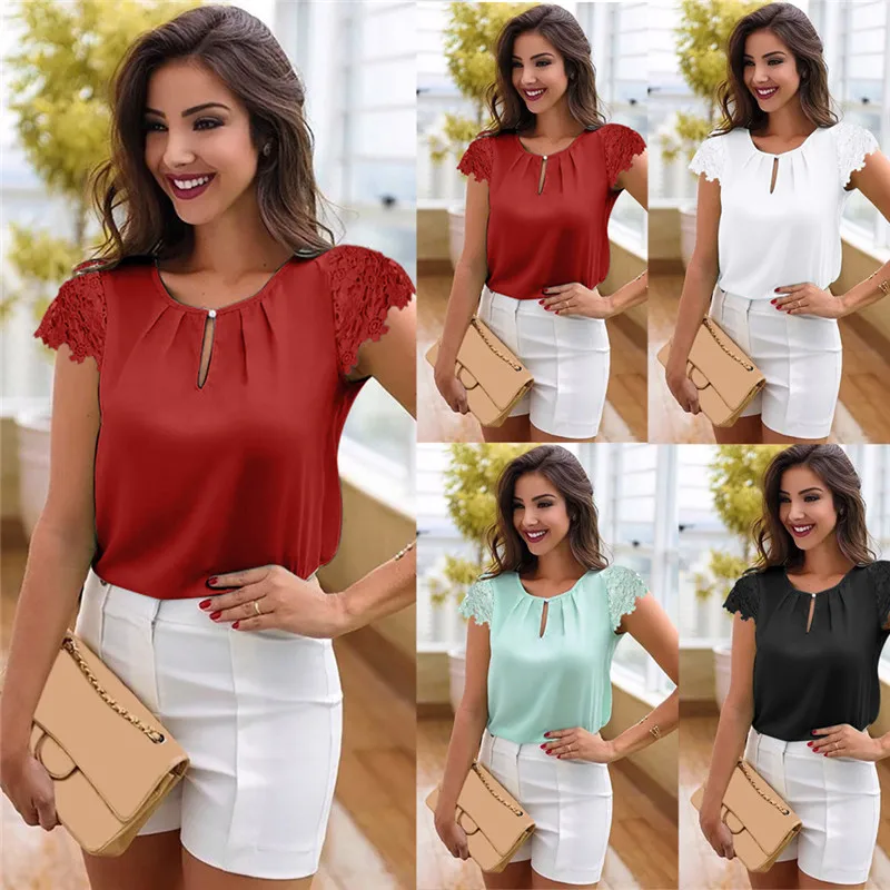 

Women Summer Lace Tops Button Short Sleeve Chiffon Blouse
