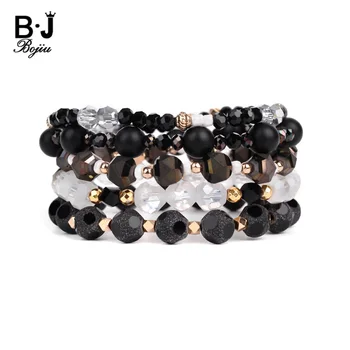 

BOJIU 5 Pcs/Set Trendy Multilayer Natural Stone Crystal Bracelets Black Onyx Agates Faceted Gray White Crystal Bracelet BCSET213