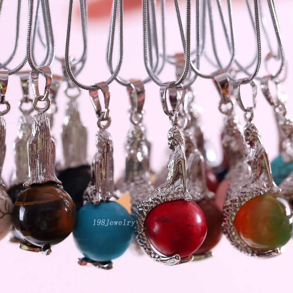 Серебряное ожерелье с подвеской-русалкой, натуральный камень, круглая бусина, кристалл, оникс, опал, кварц, Howlite, гематит, Абалон, раковина для женщин, Gifls