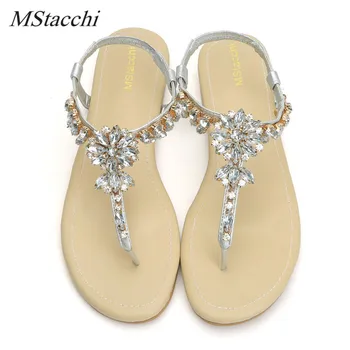 

Mstacchi 2019 Summer Women Sandals Bling Rhinestone Flower Sandals Ankle Strap FlipFlop Flats Sandals Women Peep Toe Beach Shoes