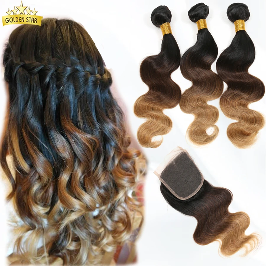 Brazilian Body Wave Ombre Hair Extensions With Closure 4pcs Ombre Hair Bundles Closures 100% Virgin Human Hair Three Tone Color