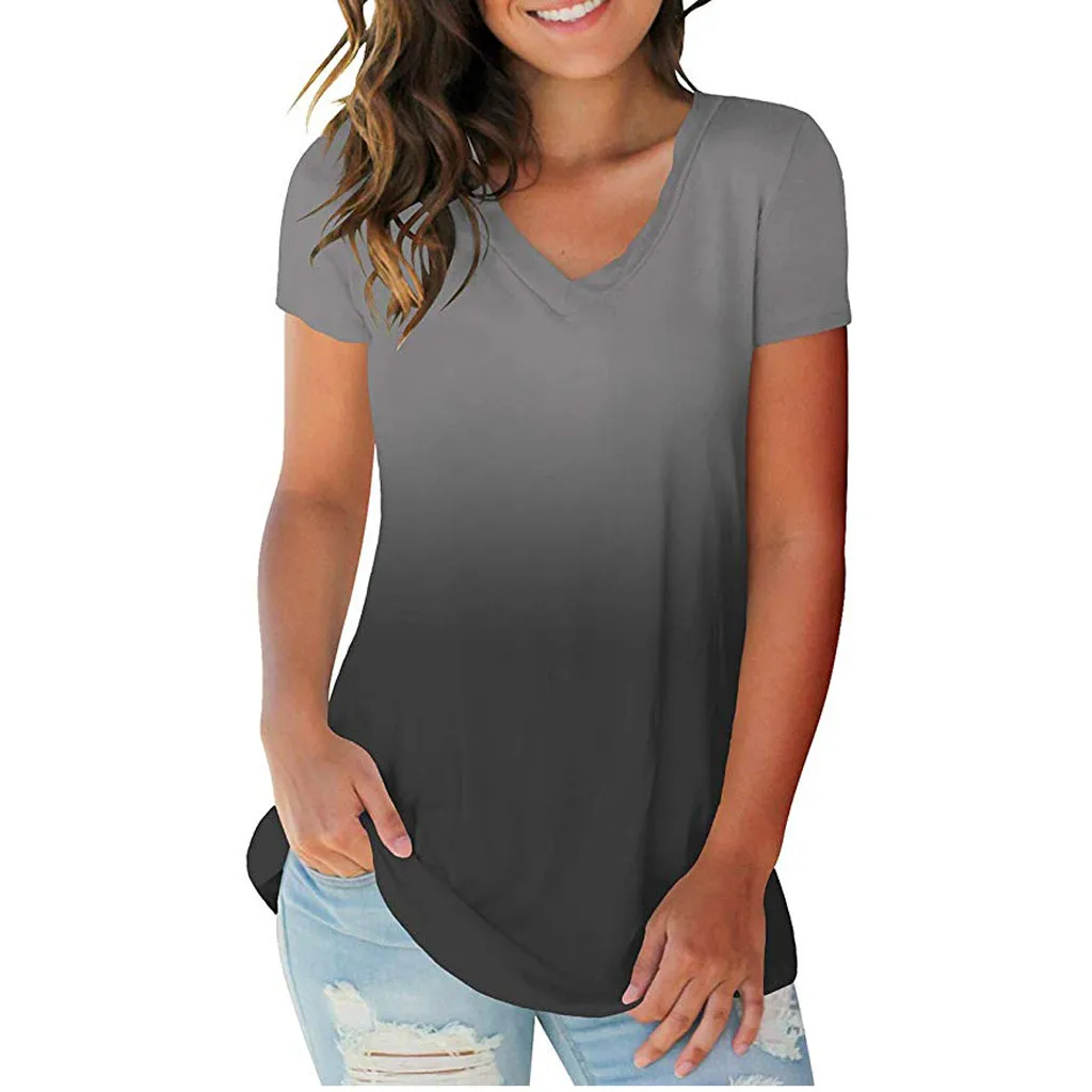 

Plus Size Blouses For Womens Gradient Color V-Neck Short Sleeve shirt Tops Blouse Summer Clothes blusas mujer de moda 2019