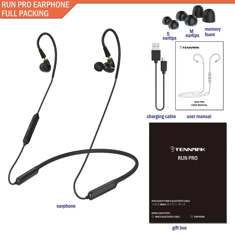 TENNMAK RUN PRO MMCX Neckband Bluetooth Earphone Earbuds with APTX aptx APT-X& CVC6.0 for UE900 SE215 SE315 SE846 SE535 SE425 - Цвет: RUN PRO earphone