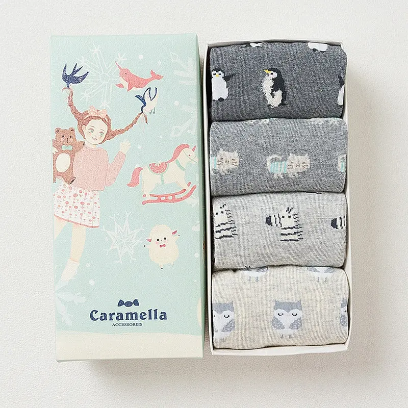 Gift Box women cute cartoon animal series cotton socks for ladies autumn winter fashion socks 4pairs/box