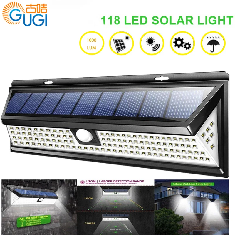 

118 LED solar lamp PIR motion sensor Solar light 1000LM Solar wall lamp led Solar Security light 3 sides lighting garden light